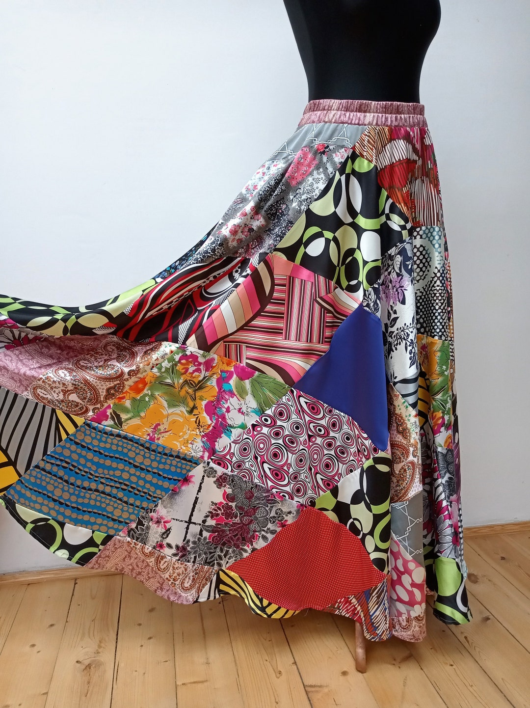 Patchwork Satin Skirt, Color Wheel Circle Skir, Boho Skirt, Colourful ...