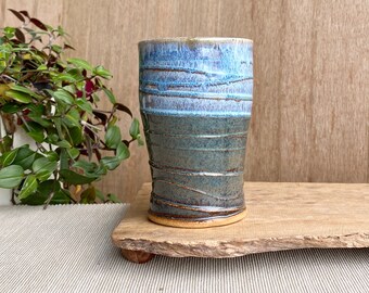 Ceramic cup. Large pottery beaker. Handmade cup, scottish landscapes glazed tumbler, blue ceramic vessel for water, wine, juice. #12