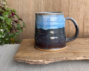 Blue ceramic mug. Scottish Landscapes stoneware pottery, handmade blue brown and white drinking cup #1