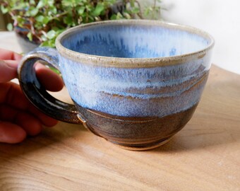 Handmade cup, cappuccino mug,blue pottery, stoneware ceramics, scottish landscapes glazed coffee and tea