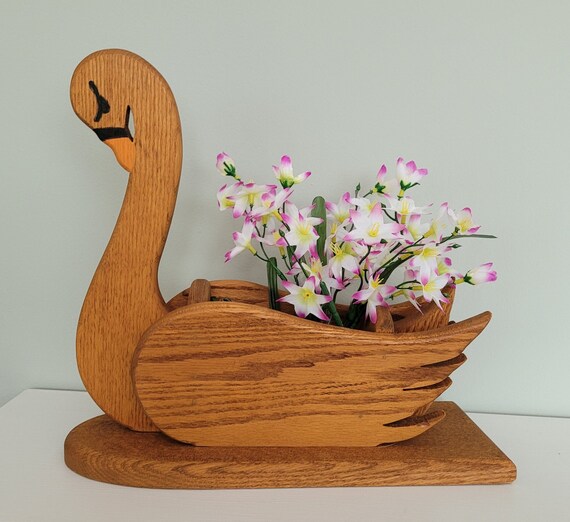 Vintage Wood Swan Planter Handmade Tabletop Floral Display Wooden