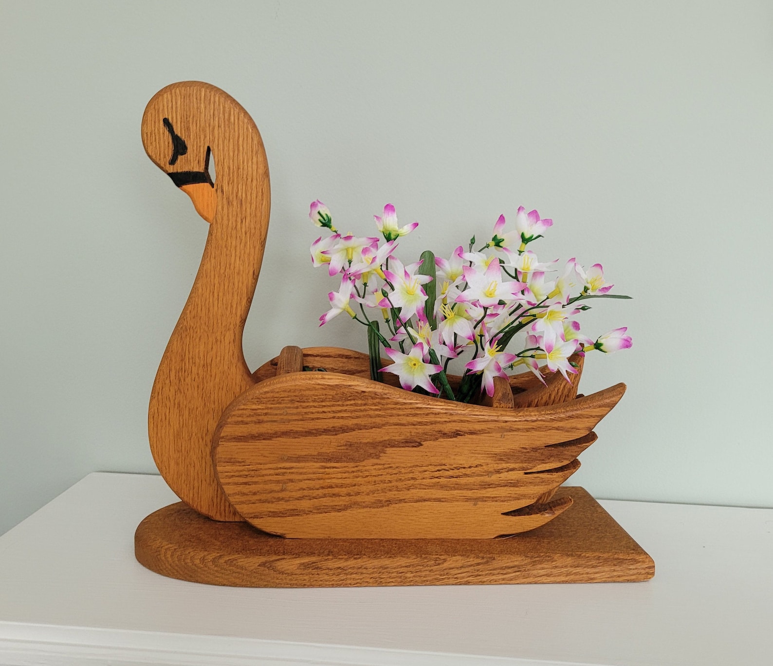 Vintage Wood Swan Planter Handmade Tabletop Floral Display Wooden Swans ...