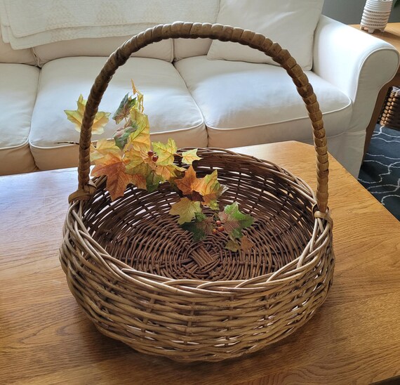 Vintage Wicker Basket with Handle Large baskets Farmhouse baskets cottage home decor Magazine Storage round baskets