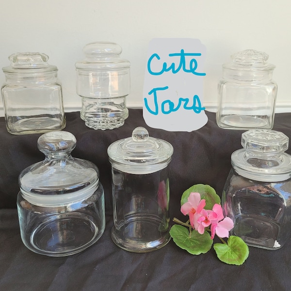 Glass jars - candy jars with lids Vintage jars Display jars craft room storage jars square jars bathroom jars vintage glass jars small jars