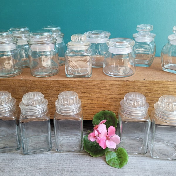 Tiny Glass Jars -small jars with lids Vintage jars Display jars craft room storage jars kitchen jars bathroom jars vintage glass jars