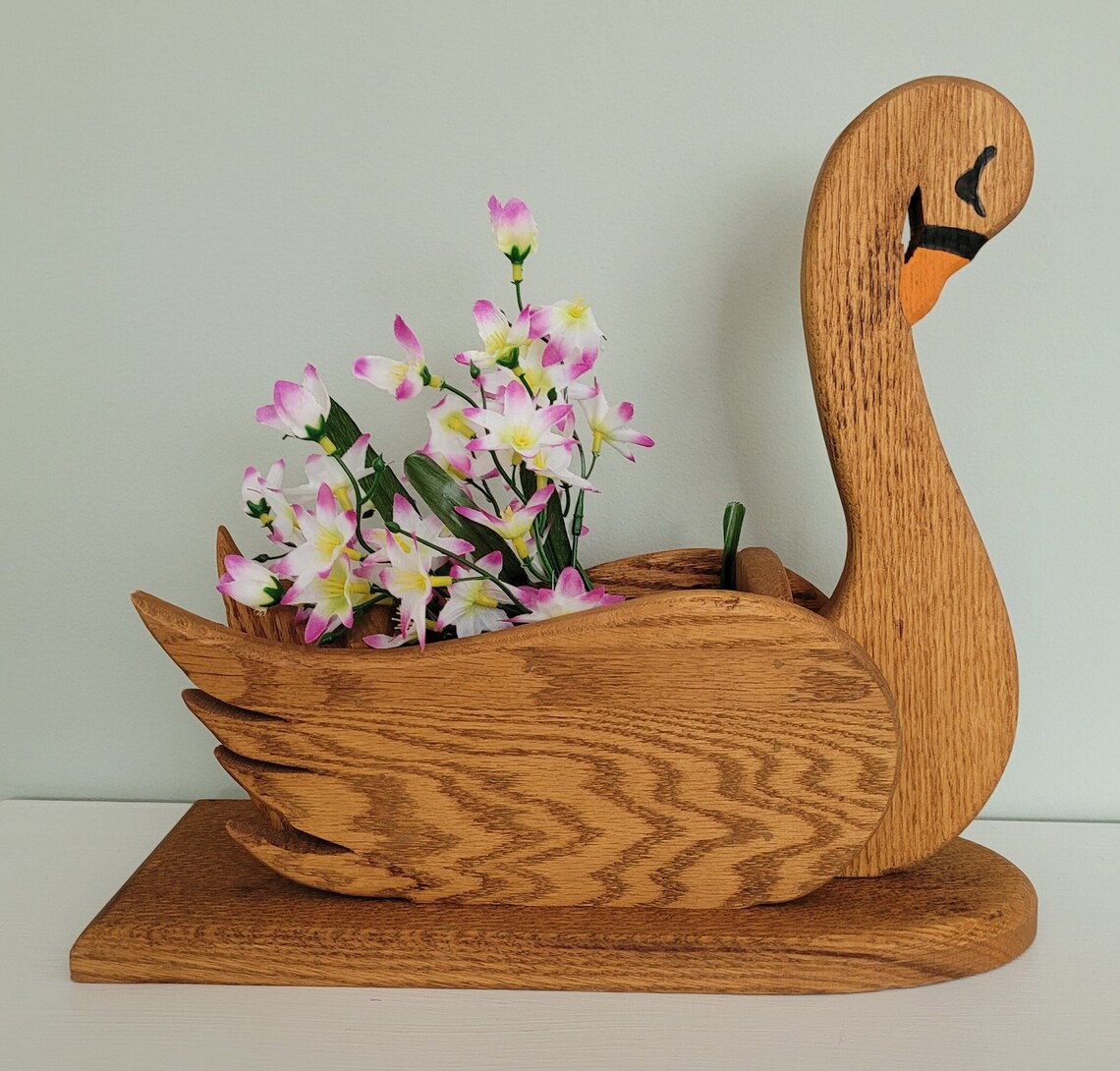 Vintage Wood Swan Planter Handmade Tabletop Floral Display Wooden Swans ...