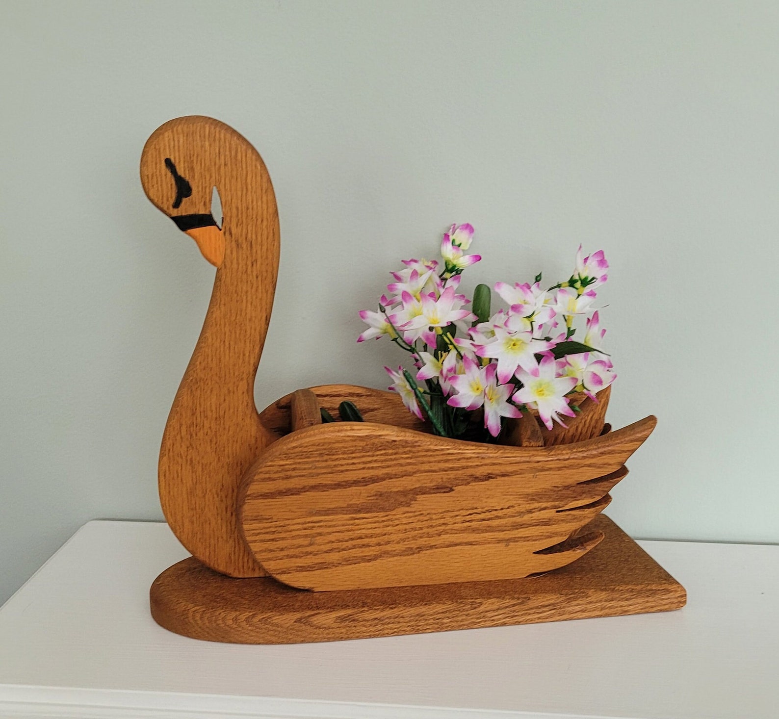 Vintage Wood Swan Planter Handmade Tabletop Floral Display Wooden Swans ...