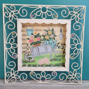 Vintage Flower Cart Art - Metal framed art Garden style pictures Framed Prints Vintage art white metal scroll wall art Wheel Barrel