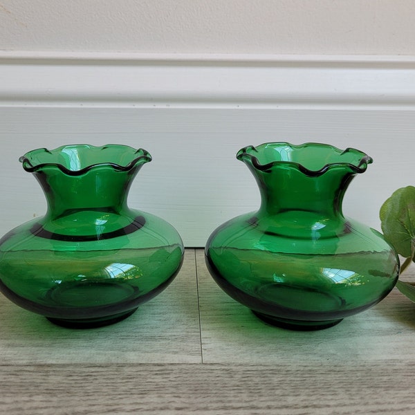 2 Vintage Green Vases Anchor Hocking Small vases flower vase green glass short vases collectible green glass ware holiday vases