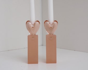 Rare set of large rosa glass candle holders designed by Anja Kjær for Holmegaard - beautiful Danish design