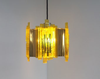 Brass pendant with yellow and green Plexiglas - Claus Bolby design from the 1970s