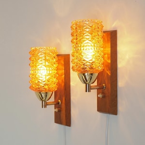 Stylish set of glass scones with oak wall base - Danish vintage design from the 1960s