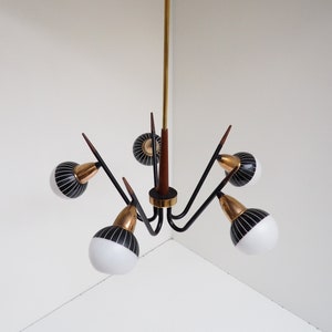 Amazing black and teak chandelier with white & black glass shades - rare Danish stilnovo design from Voss Belysning, 1950s