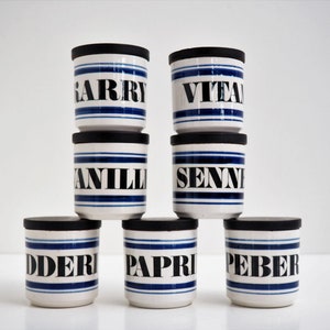Set of 7 blue Carousel jars designed by Signe Boesen for Knabstrup - Danish design from the 1970s