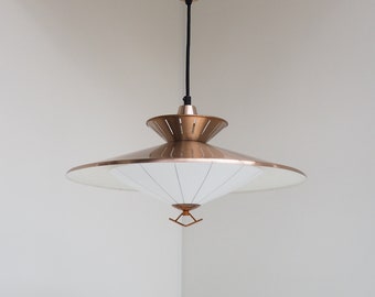 Nordisk Solar stilnovo copper pendant with white acrylic shade - rare Danish vintage design from the 1960s