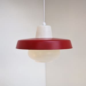 White teardrop plastic pendant with red metal shade made by Voss Belysning - Danish design from the 1950s - 1960s