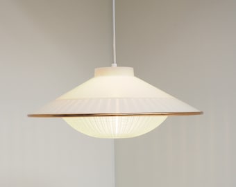 Amazing white pendant with decorative plastic shade and a discreet copper band, vintage design 1960s
