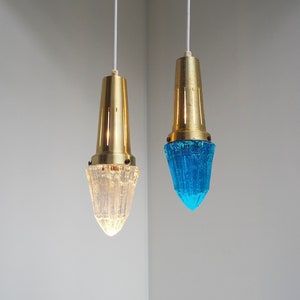 Pair of blue & clear glass decoration lights with brass colored top made by Vitrika - Danish vintage design from the 1960s