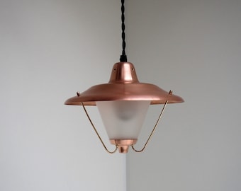 Rare vintage glass pendant with solid copper shade and brass details - Danish design from the 1940s