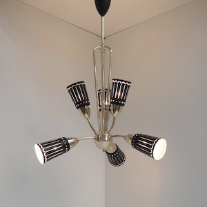 Outstanding brass chandelier with 6 decorative metal shades - rare Danish stilnovo design from Lyfa, 1950s