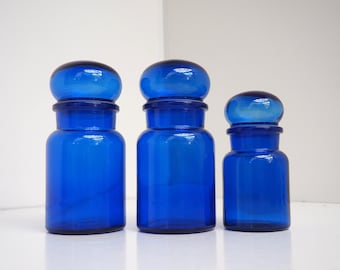 Set of 3 blue glass Apothecary Jars from Belgium - vintage kitchen storage from the 1970s