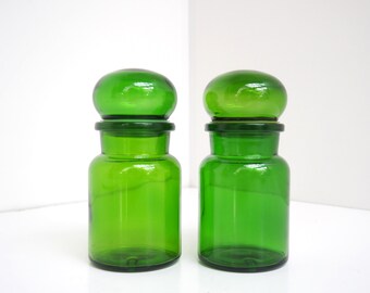 Set of 2 green Glass Apothecary Jar from Belgium - vintage kitchen storage from the 1970s