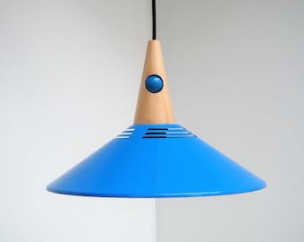 Memphis style pendant in bright blue with wood top and blue plastic ball - German vintage design from the 1990s - 2000s