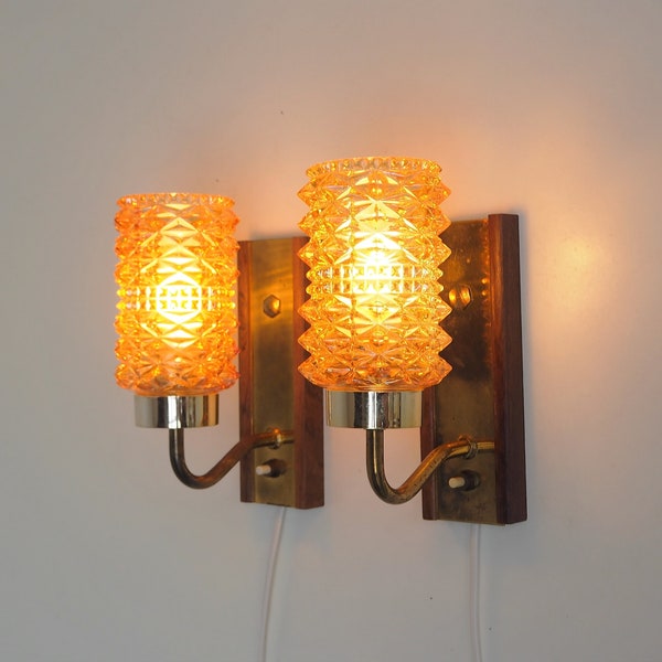 Pair of rosewood & brass sconces with decorative glass shades - Danish vintage design from the 1960s