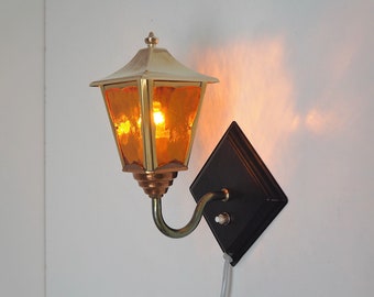 Beautiful brass lantern wall lamp with amber glass shade - Danish design made during 1950s - 1960s