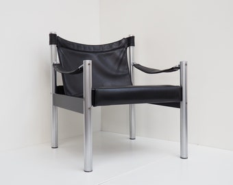 Börje Johanson black leather & chrome Safari Chair, Swedish design made by Johanson Design, 1970s