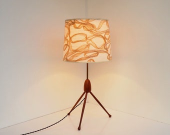 Tall wood tripod table lamp with vintage fabric shade - Danish vintage design from the 1960s