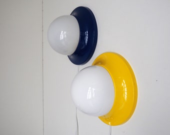 Pair of vintage modern blue, yellow and white wall lamps / plafonds made ny Nordlux, Danish design from the 1970s - 1980s