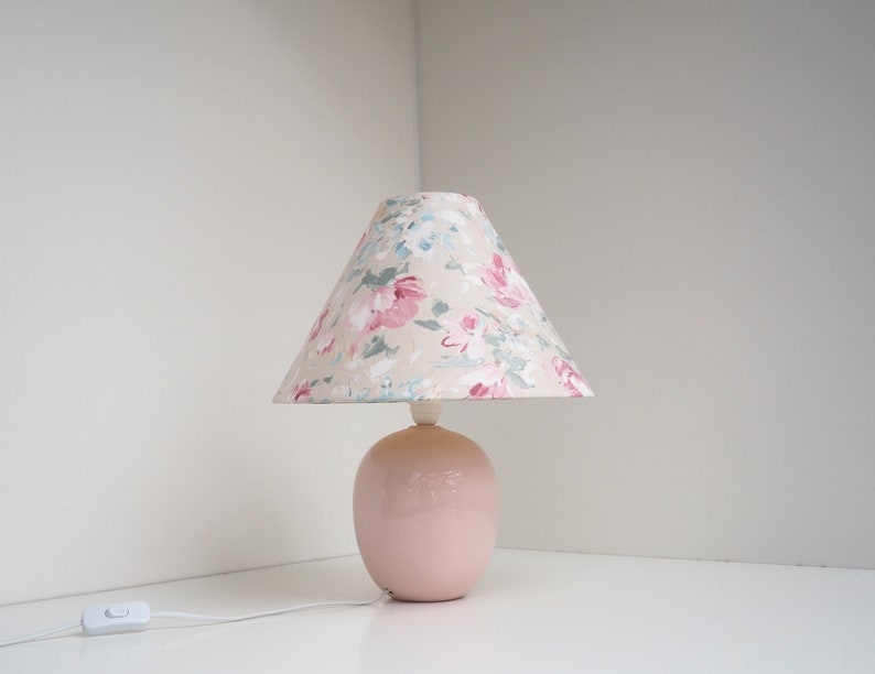 Pink ceramic table lamp with Caprani floral shade Danish lighting design from the 1990s image 1