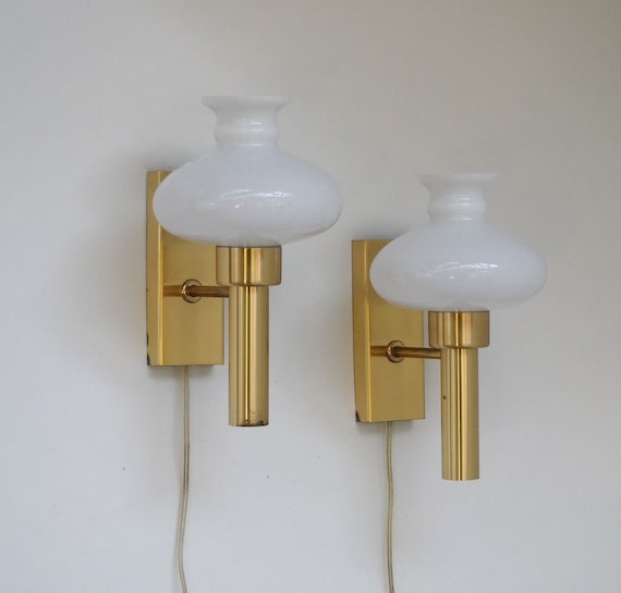 Pair of Lovely Brass and White Glass Sconces From the Danish