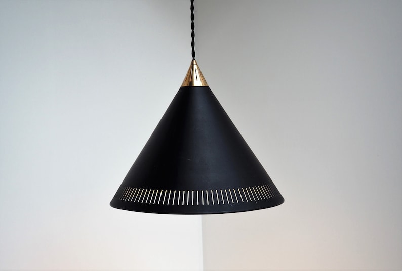 Black cone shaped metal pendant with brass top Danish Etsy