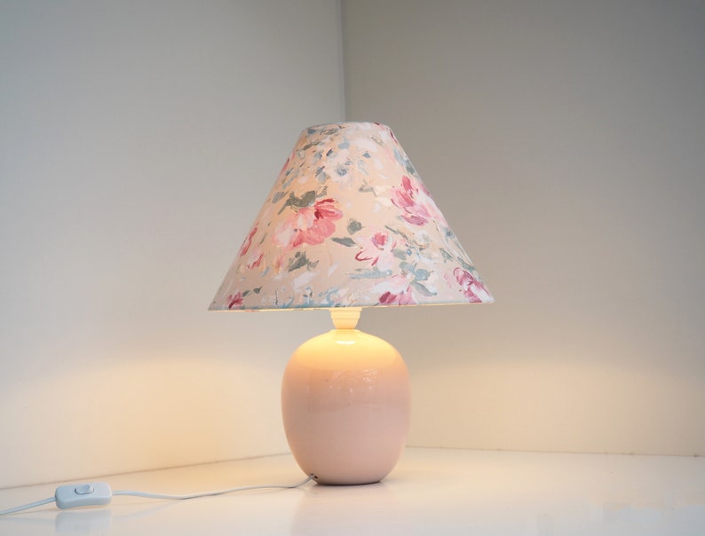 Pink ceramic table lamp with Caprani floral shade Danish lighting design from the 1990s image 2