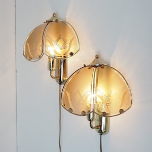 Pair of gold colored sconces with smokey gray glass pieces - Danish vintage design from the 1980s