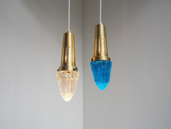 Pair of blue & clear glass decoration lights with brass colored top made by Vitrika - Danish vintage design from the 1960s