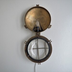 Vintage maritime wall lamp made in heavy solid brass with a thick glass shade image 8