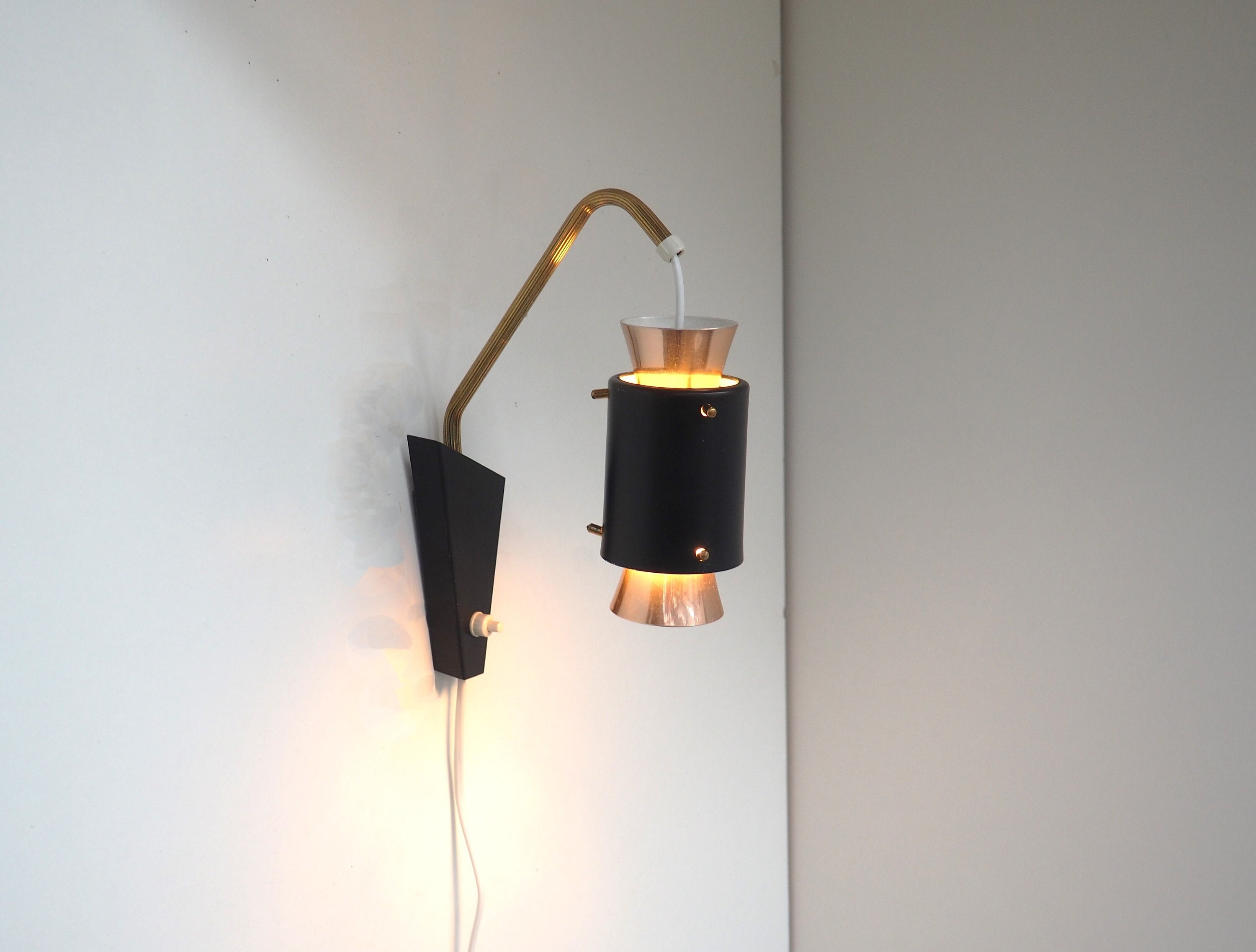 Lovely Black Wall Lamp With Copper & Brass Details Danish Lovely Black Wall Lamp With Copper & Brass Details Danish