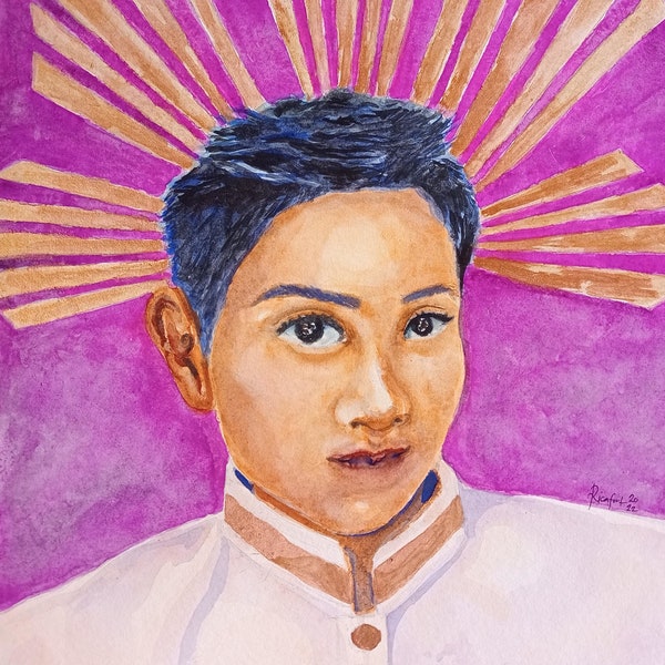 androgynous Filipina short hair, watercolor painting, independence, fierce, empowerment, crown, flowers, feminism, LGBTQ, filipiniana
