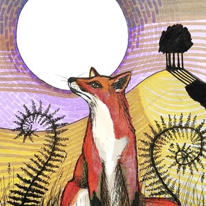 Whimsical Moonlit Fox, original artwork pen and ink, fox illustration