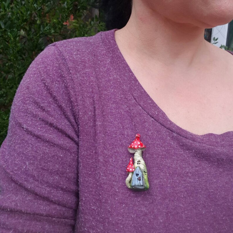 Traditional fairy toadstool broach, handmade fairy house pin 