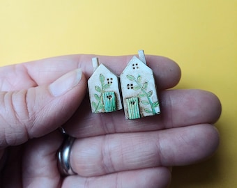 Handmade Micro houses, Tiny set of two, Leaf motif