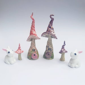 Handmade fairy garden set, fairy house with tiny toadstool and rabbit, choice of pink or purple