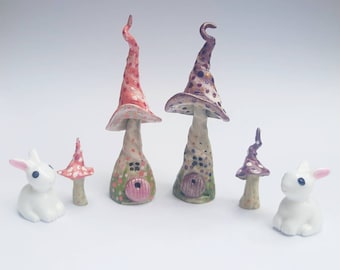 Handmade Fairy Garden Set: Toadstool House and Rabbit