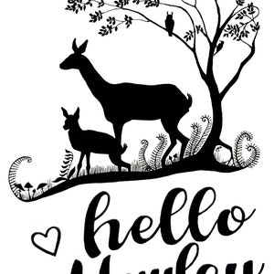 New Baby personalised print, Doe & Fawn woodland illustration