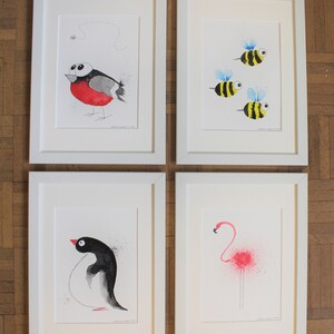 Tierkunst, Aquarell, Flamingo, Pinguin, Bienen, Bulfinch Vogel, Tierillustration, Kunst für Kinder, Kinderzimmer Dekor, Tier Aquarelle Kunst