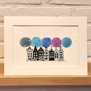 Amsterdam canal houses in blue, Amsterdam canals, Amsterdam art, Amsterdam architecture, block print, watercolours, Amsterdam cityscape