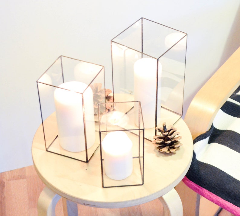 Set of 3 geometric glass candle holders Rectangles. Modern Etsy